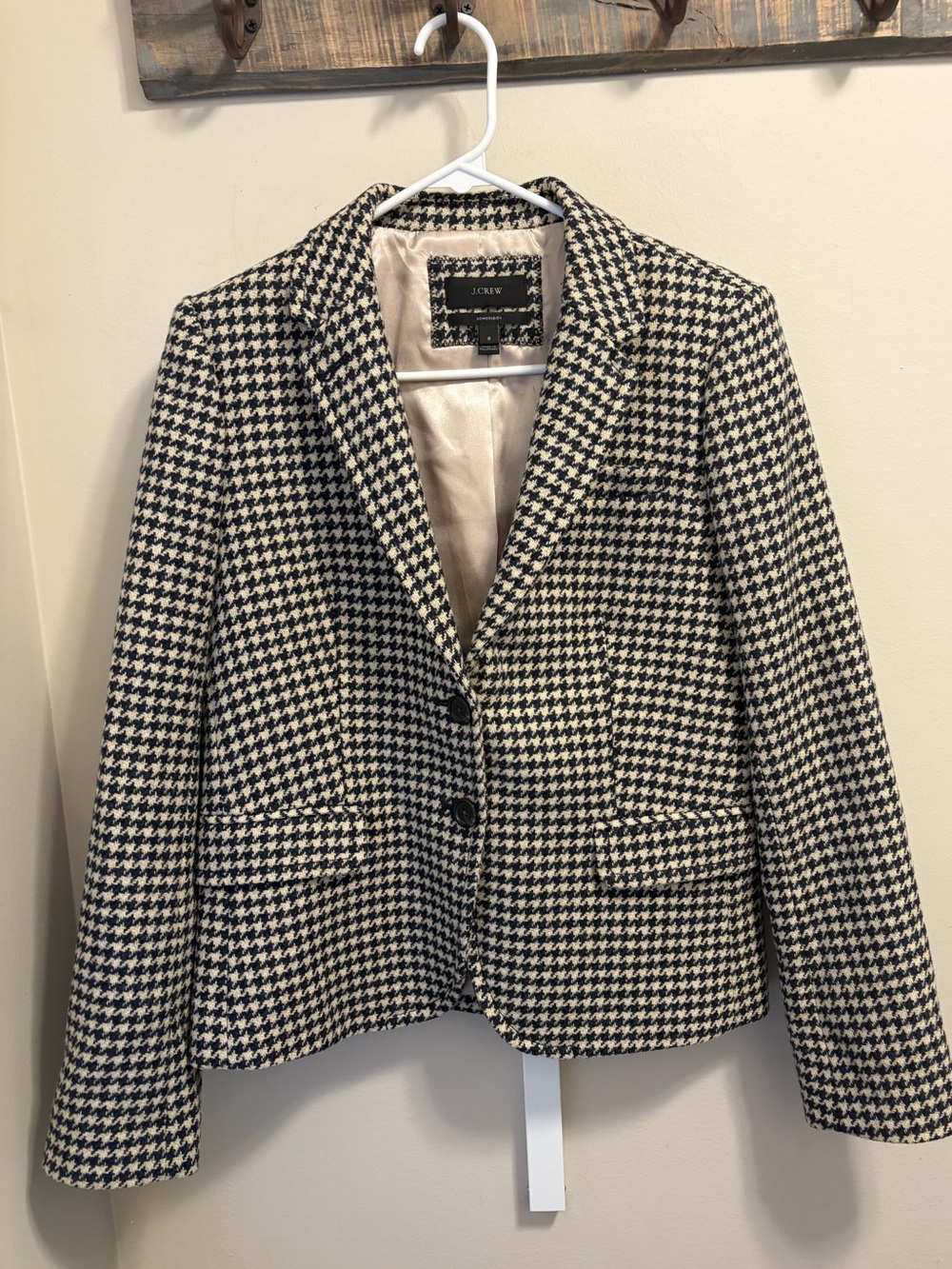 J.Crew Schoolboy Blazer Womens 8 100% Wool Navy Cream Houndstooth Jacket
